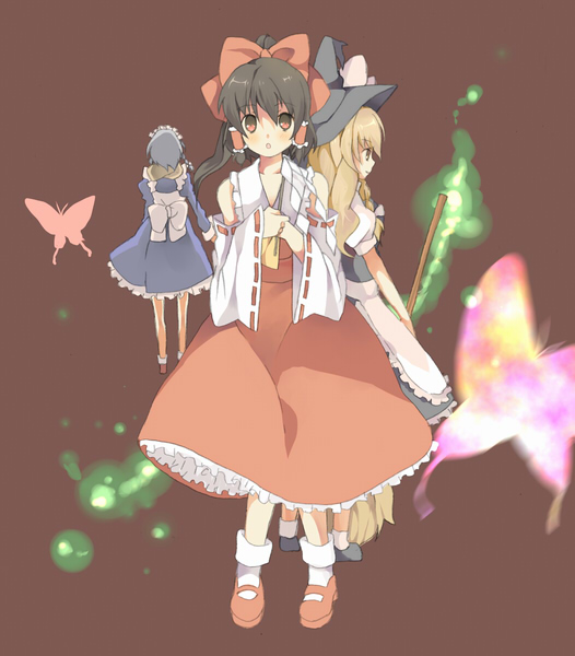 bad_id bad_pixiv_id blonde_hair bow braid broom bug butterfly detached_sleeves frills hair_bow hakurei_reimu hat insect izayoi_sakuya kirisame_marisa multiple_girls noise_(hakusen) simple_background standing touhou witch witch_hat