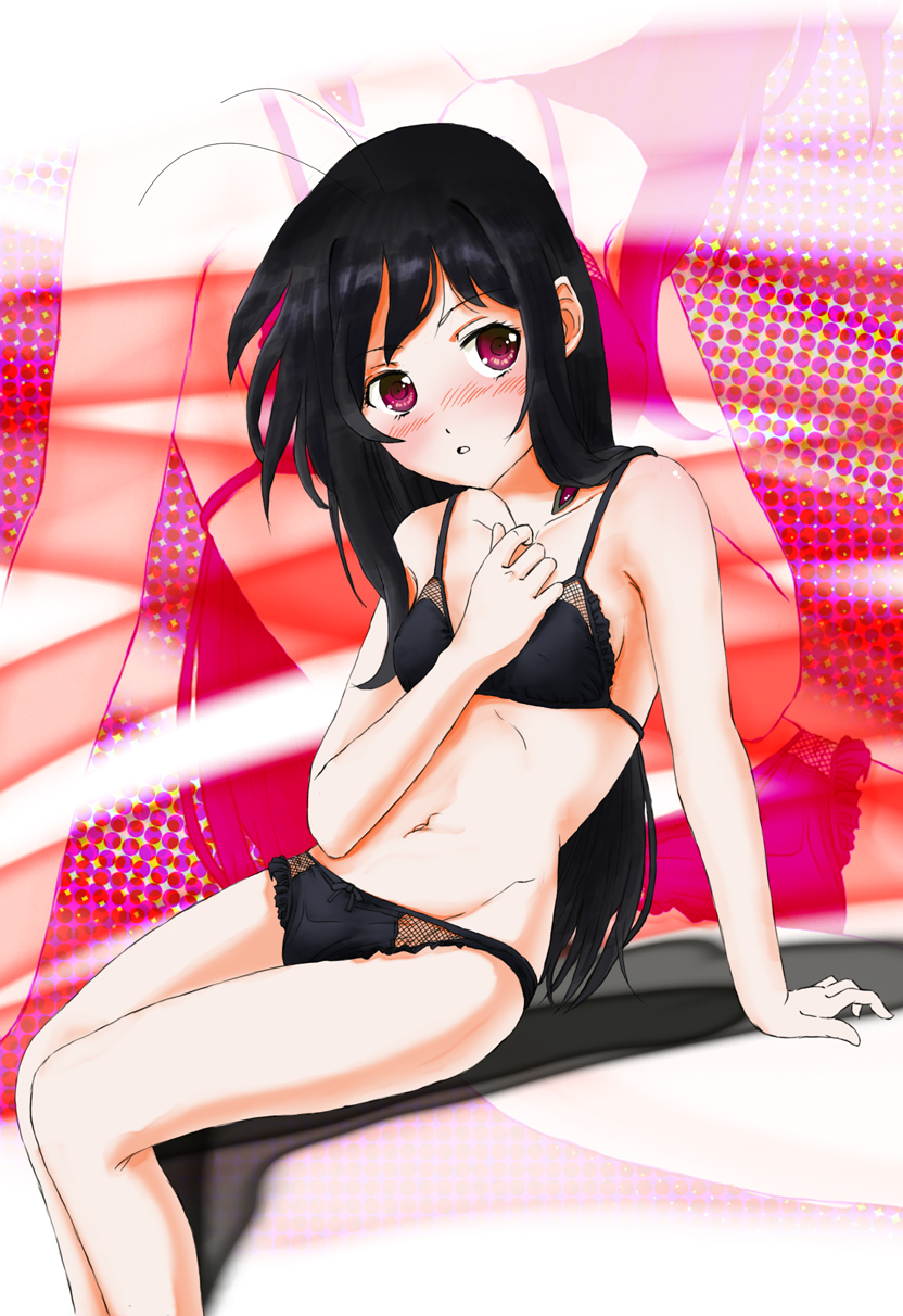 1girl :o accel_world antenna_hair arm_support bangs black_bra black_hair black_panties blush bow bow_panties bra breasts frilled_bra frilled_panties frills groin hand_on_own_chest highres kuroyukihime leaning_back legs_up light_frown long_hair looking_at_viewer marutaya navel panties parted_lips red_eyes sitting small_breasts solo underwear underwear_only zoom_layer