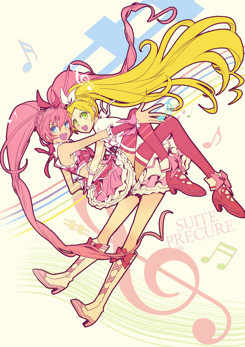 beamed_eighth_notes beamed_sixteenth_notes blonde_hair blue_eyes boots bow braid carrying copyright_name cure_melody cure_rhythm dress earrings eighth_note frills full_body green_eyes hairband houjou_hibiki jewelry knee_boots long_hair magical_girl midriff minamino_kanade multiple_girls musical_note pink_bow pink_hair pink_legwear precure quarter_note retpa sharp_sign shoes sixteenth_note smile staff_(music) suite_precure thighhighs treble_clef twintails wrist_cuffs