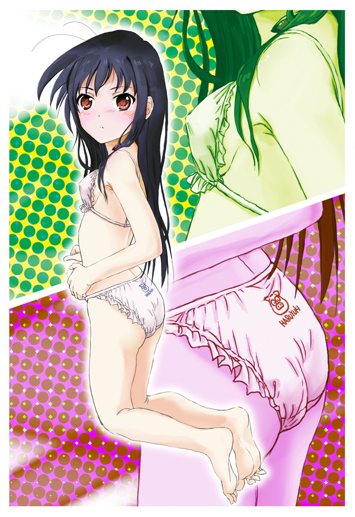 1girl accel_world antenna_hair ass back-print_panties barefoot black_hair blush breasts closed_mouth clothes_writing commentary_request crotch_seam frilled_panties frills from_side frown invisible_floor kneeling kuroyukihime legs long_hair looking_at_viewer looking_back marutaya panties pig_print print_panties red_eyes small_breasts solo string_bra string_panties underwear underwear_only zoom_layer