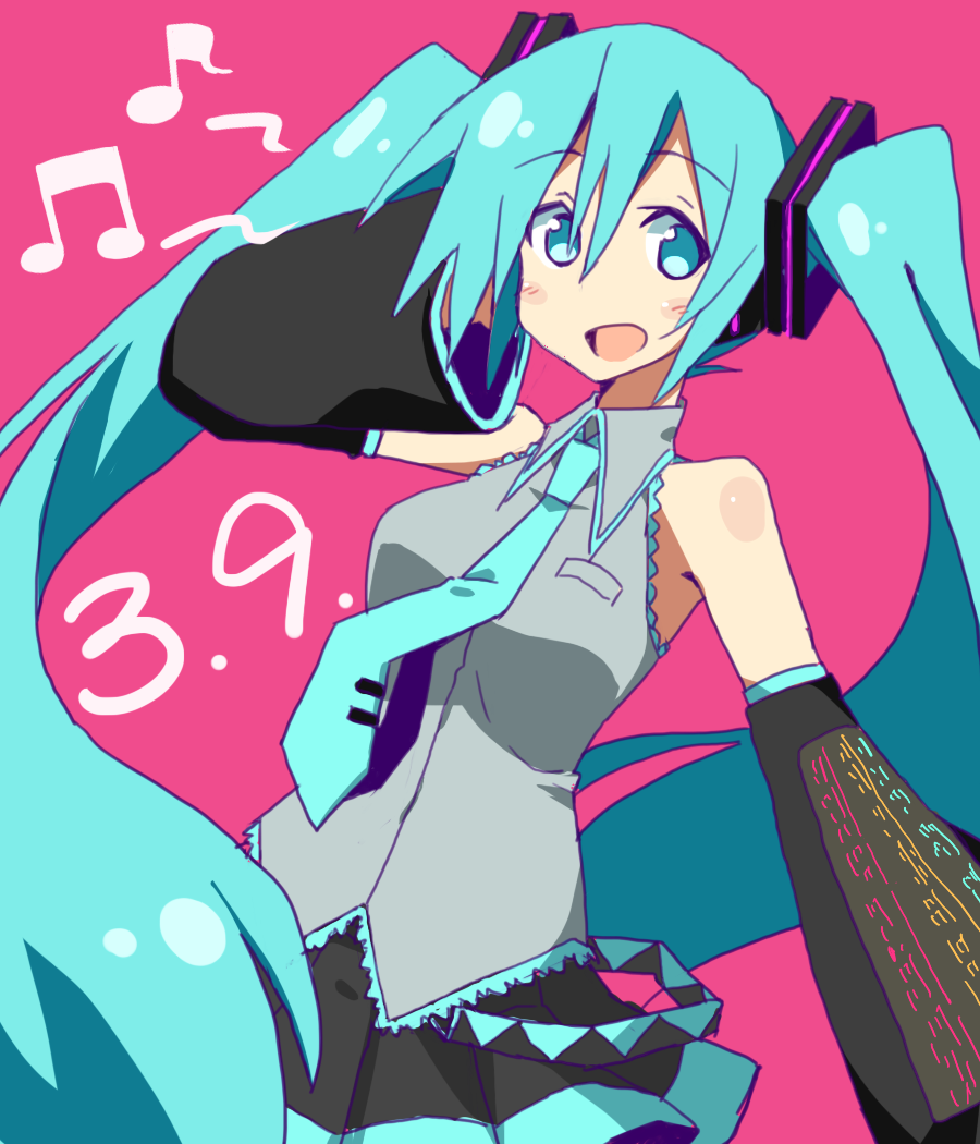 39 aqua_eyes aqua_hair bare_shoulders dated detached_sleeves exion_(neon) hatsune_miku long_hair mikupa musical_note open_mouth simple_background skirt solo twintails very_long_hair vocaloid