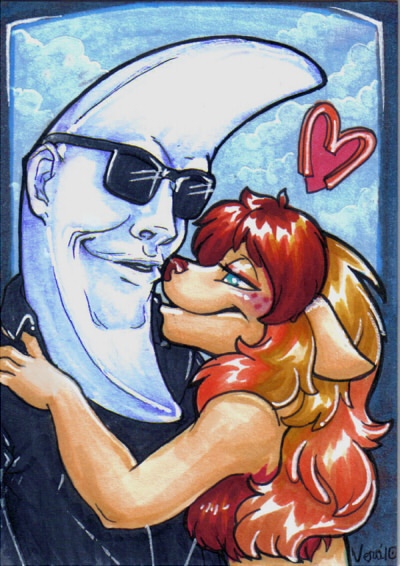 anthro billie_jean blue_eyes brown_fur canine clothing creature crescent_moon duo eyewear fanart female freckles fur furless hair mac_tonight male mammal mcdonalds moon multi-colored_hair red_hair romantic sunglasses traditional traditional_media unknown_species vera