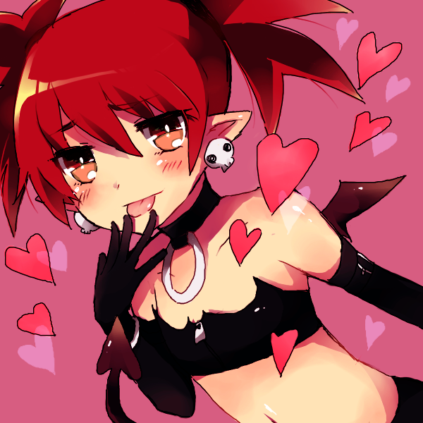 &hearts; :p bat_wings blush collar demon_girl demon_tail disgaea elbow_gloves etna finger_to_lips finger_to_mouth flat_chest gloves heart hearts jewelry looking_at_viewer pointy_ears red_hair ring short_hair short_shirt short_top solo tail tongue tongue_out twintails wings