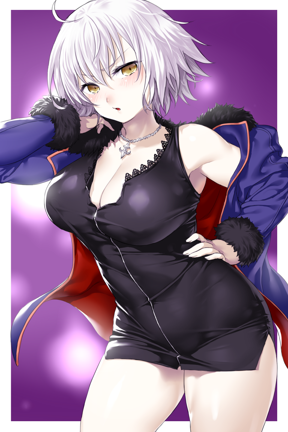 1girl ahoge bangs black_dress blush border breasts commentary_request cowboy_shot dress eyebrows_visible_through_hair fate/grand_order fate_(series) fur_collar fur_trim hair_between_eyes highres jacket jeanne_d'arc_(alter)_(fate) jeanne_d'arc_(fate)_(all) jewelry large_breasts necklace onsoku_maru open_clothes open_jacket purple_background short_hair silver_hair solo tsurime white_border wicked_dragon_witch_ver._shinjuku_1999 yellow_eyes