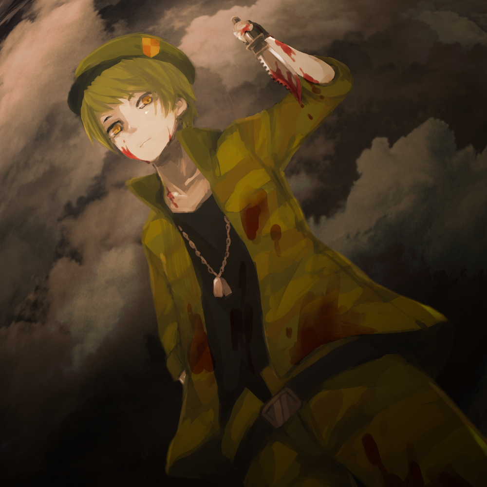 bad_id bad_pixiv_id belt blood blood_on_face bloody_knife bloody_weapon dagger dog_tags flippy green_hair happy_tree_friends hat holding knife lemontea male_focus military military_uniform personification solo uniform weapon yellow_eyes