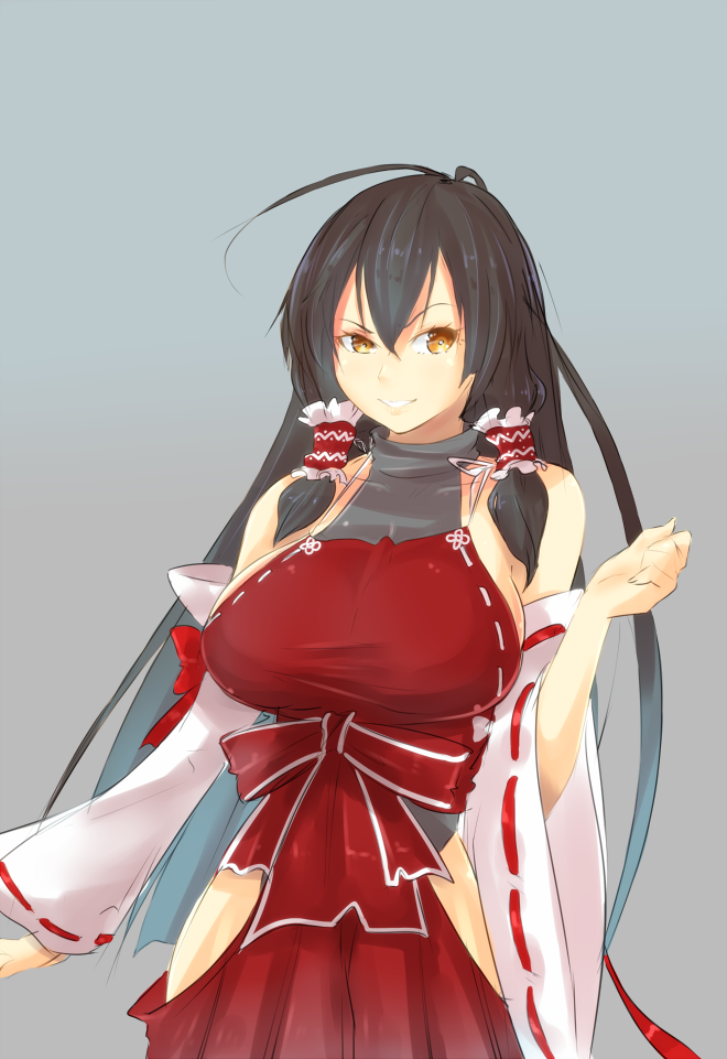 ahoge bad_id bad_pixiv_id bare_hips bare_shoulders black_hair bow breasts detached_sleeves hair_bow hair_tubes hakama hips japanese_clothes large_breasts leotard long_hair m.u.g.e.n magister_(medical_whiskey) nontraditional_miko original raised_eyebrow red_hakama sendai_hakurei_no_miko sideboob simple_background solo touhou wide_sleeves yellow_eyes
