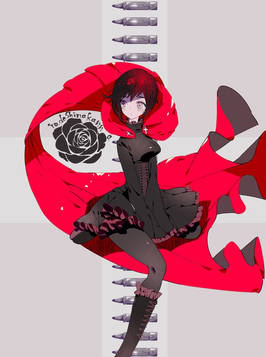 1girl black_dress boots bullet cape corset cross dress flower frilled_boots frilled_skirt frills pantyhose red_hair rose ruby_rose rwby silver_eyes skirt solo