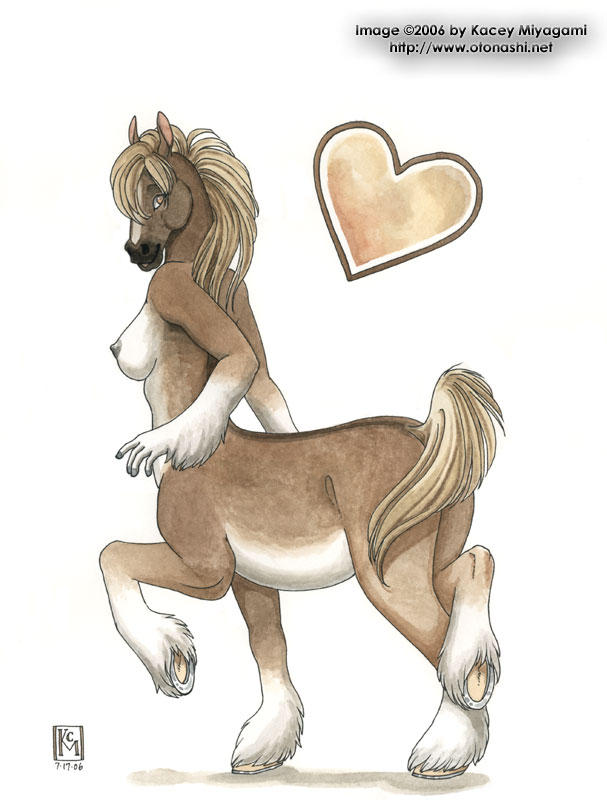 &hearts; &lt;3 breasts centaur equine equitaur female hair_over_eye hooves horse horseshoe human kacey looking_at_viewer mammal markings nipples nude plain_background pose side_boob side_view socks_(marking) solo standing taur white_background