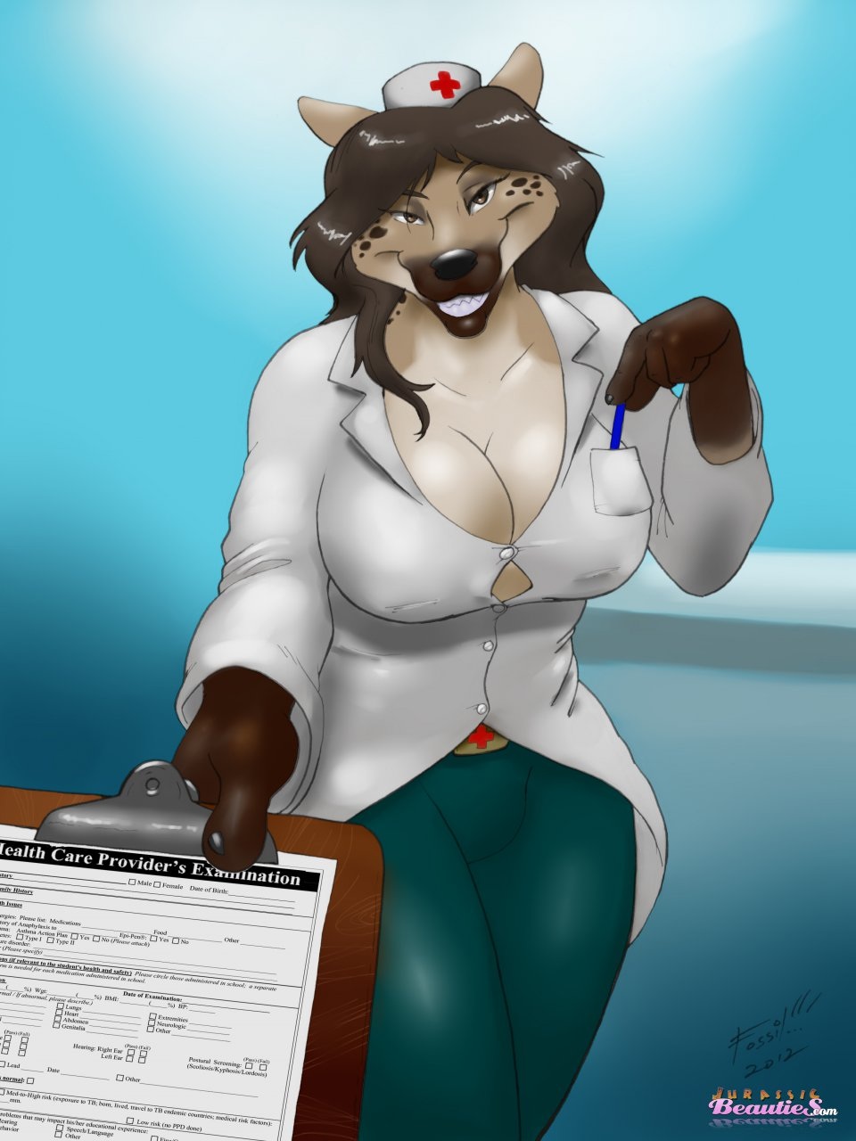 big_breasts breasts brown_hair cleavage clipboard clothed clothing female fossil hair hat herm hyena intersex long_hair looking_at_viewer mammal medical nurse nurse_hat pen princess_zelda smile solo spotted_hyena teeth zelda_(supsup)