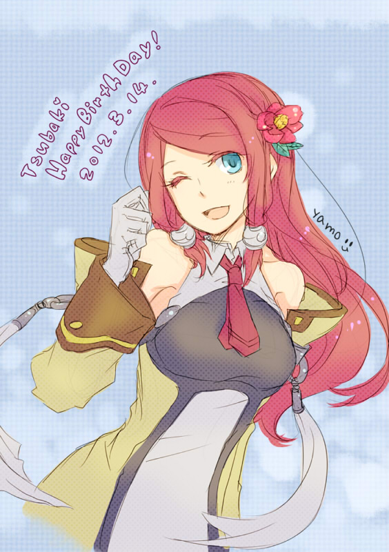 ;d bad_id bad_pixiv_id blazblue blue_eyes flower gloves happy_birthday long_hair necktie one_eye_closed open_mouth red_hair smile solo tsubaki_yayoi white_gloves yamo_(sky2world)