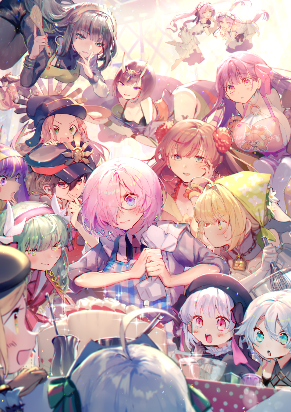 6+girls :d :o abigail_williams_(fate/grand_order) ahoge alcohol animal_ear_fluff animal_ears apron bangs bell black_dress black_hair black_hat blonde_hair blush bob_cut bowl breasts brown_hair cake character_request closed_mouth dragon_horns dress earrings eyebrows_visible_through_hair family_crest fan fangs fate/grand_order fate_(series) flying folding_fan food fox_ears fox_girl glass_bowl glasses green_eyes green_hair hair_over_one_eye hairband hat highres holding holding_fan horns icing jacket japanese_clothes jewelry jingle_bell kimono kiyohime_(fate/grand_order) lavender_hair lock long_hair long_sleeves mash_kyrielight mebaru midair military_hat multicolored_hair multiple_girls necktie nero_claudius_(bride)_(fate) nero_claudius_(fate)_(all) oda_nobunaga_(fate) oda_uri oni_horns open_clothes open_kimono open_mouth padlock passion_lip peaked_cap pink_hairband plaid plaid_apron polka_dot profile purple_eyes purple_hair purple_kimono red_eyes revealing_clothes sake short_hair shuten_douji_(fate/grand_order) silver_hair smile spatula streaked_hair tamamo_(fate)_(all) tamamo_cat_(fate) very_long_hair whisk white_dress white_sleeves witch_hat
