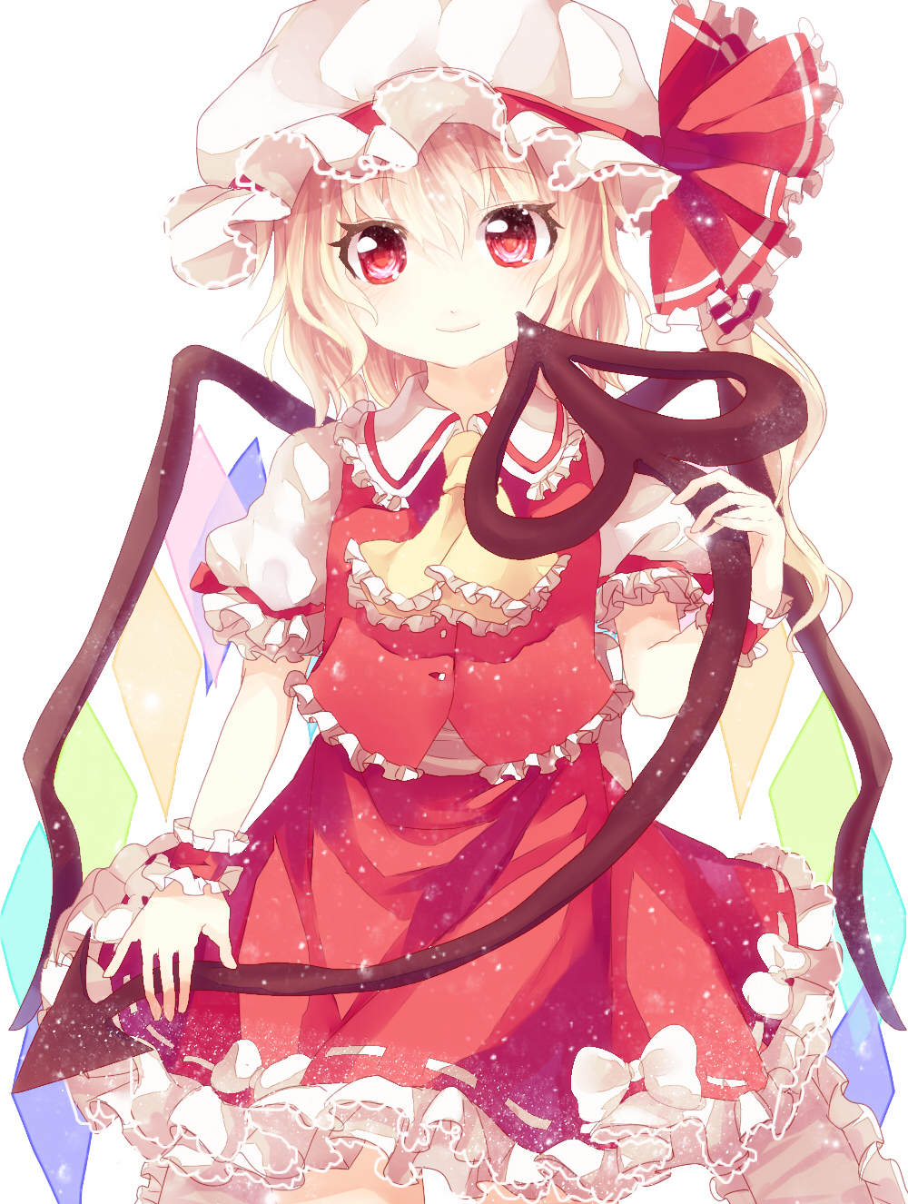 ascot ayarin103 blonde_hair bow flandre_scarlet hat highres red_eyes ribbon short_hair side_ponytail simple_background skirt smile solo touhou wings wrist_cuffs