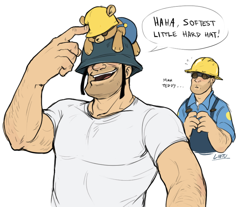 &hearts; ... blue_shirt clothing cute dialog dialogue engineer_(team_fortress_2) english_text eyewear flying_sweatdrops goggles grin hard_hat hat helmet humor lintu male not_furry overalls plushie poking sad shirt soldier_(team_fortress_2) team_fortress_2 teddy_bear teddy_roosebelt text toy white_shirt