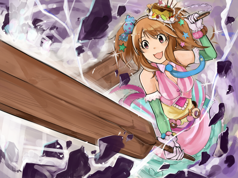 :3 :d breaking breasts brown_eyes brown_hair cleavage dress elbow_gloves food gloves hair_ornament holding idolmaster idolmaster_cinderella_girls medium_breasts moroboshi_kirari necktie nerotarou@seven open_mouth parody pudding shigurui smile solo star star_hair_ornament striped sweets sword twintails vertical_stripes weapon wooden_sword