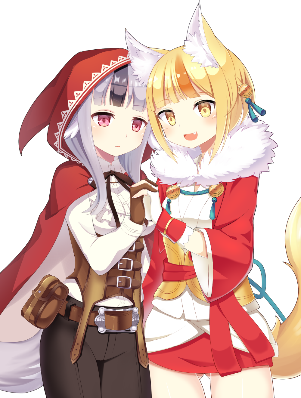 2girls animal_ears belt black_hair blonde_hair brown_gloves brown_hair cloak fang fingerless_gloves fire_emblem fire_emblem_if fox_ears fox_tail fur_trim gloves grey_hair hair_ornament hand_holding highres hood hood_up hooded_cloak japanese_clothes kinu_(fire_emblem_if) long_sleeves multicolored_hair multiple_girls nintendo open_mouth parted_lips pouch red_eyes shira_yu_ki short_hair simple_background streaked_hair tail velour_(fire_emblem_if) white_background white_gloves wolf_ears wolf_tail yellow_eyes
