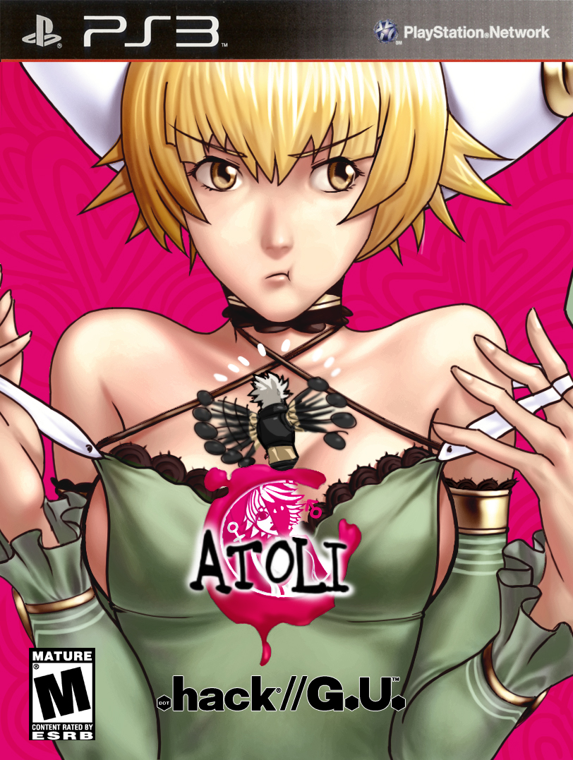 .hack//g.u. 1girl :t atoli bare_shoulders blonde_hair breasts catherine_(game) catherine_cover_parody choker cover detached_sleeves dress esrb game_console game_cover green_dress hair_ornament haseo_(.hack//) large_breasts parody playstation_3 pout q_(4chan) sideboob solo strap_pull yellow_eyes