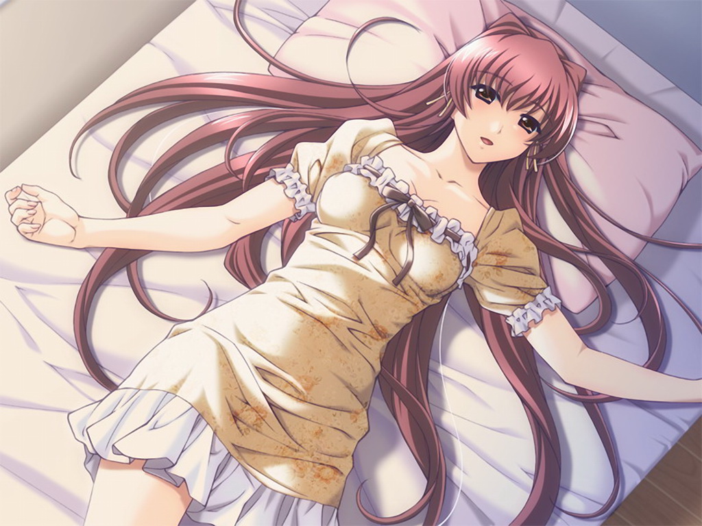 dress kazama_mana long_hair night_shift_nurses on_bed pink_hair yakin_byoutou