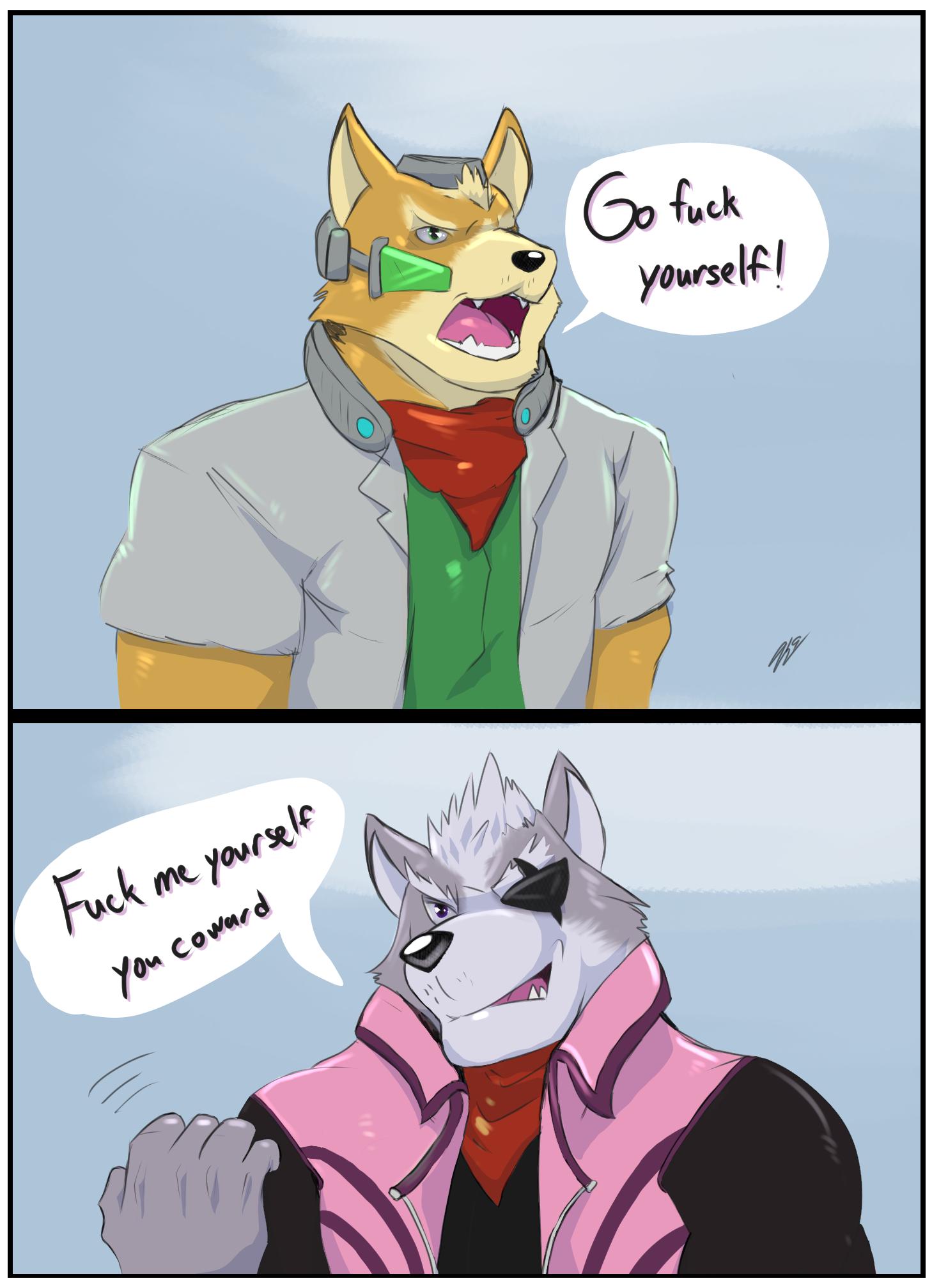 2019 anthro canid canine canis clothed clothing comic cursedmarked duo english_text fox_mccloud male male/male mammal nintendo star_fox text video_games wolf wolf_o'donnell