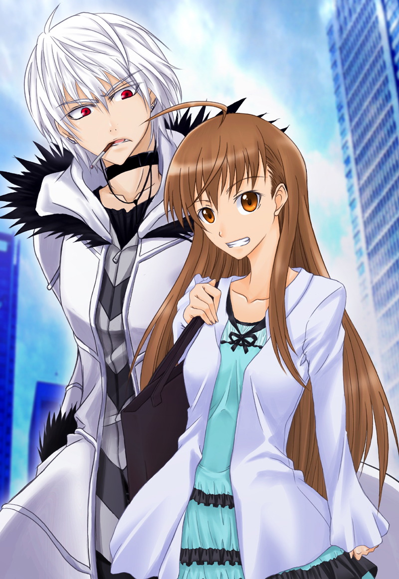 1boy 1girl accelerator_(toaru_majutsu_no_index) age_difference aged_up ahoge albino aqua_dress bag black_choker black_shirt blue_sky breasts brown_hair building choker cigarette cloud cloudy_sky commentary_request day diagonal_stripes dress ear_piercing fur-trimmed_hood fur_trim grin hair_between_eyes hand_in_pocket hand_up handbag height_difference hood hood_down hoodie jacket kurogane_(blackxsilver) last_order_(toaru_majutsu_no_index) long_hair long_sleeves looking_at_viewer medium_breasts open_clothes open_jacket open_mouth outdoors piercing red_eyes shirt short_hair sky smile smoking striped striped_hoodie teeth toaru_majutsu_no_index upper_body v-shaped_eyebrows white_hair white_hood white_jacket