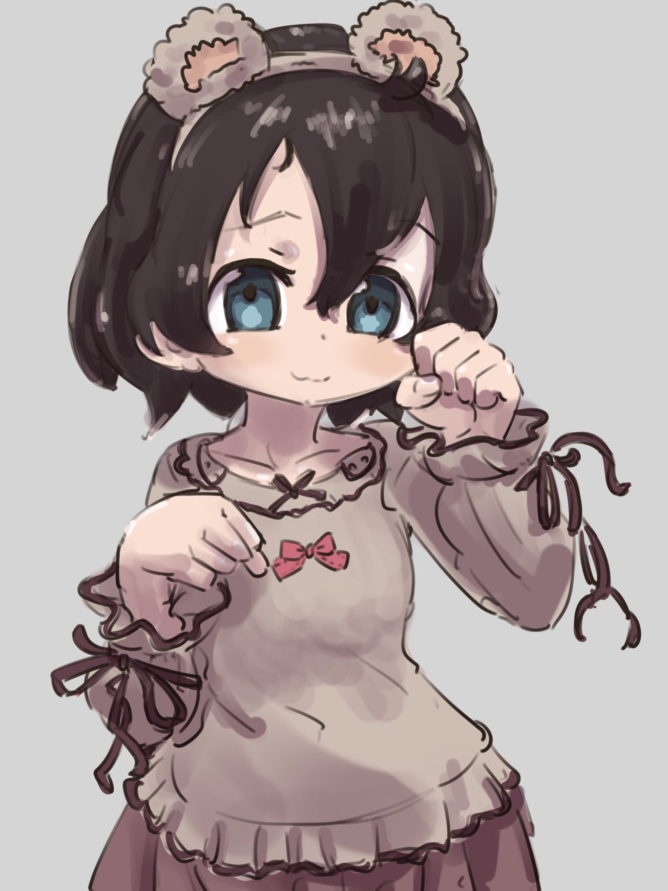 1girl :3 alternate_costume animal_ears bear_ears black_hair blue_eyes blush brown_shirt brown_skirt collar commentary_request cowboy_shot fake_animal_ears frilled_collar frilled_sleeves frills highres kaban_(kemono_friends) kemono_friends long_sleeves looking_at_viewer paw_pose puffy_sleeves shirt short_hair skirt solo tani20200417