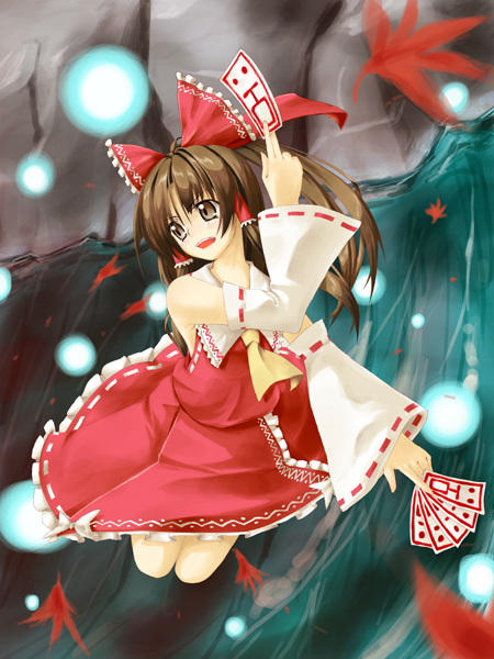 :d ascot autumn_leaves blush bow brown_eyes brown_hair detached_sleeves falling_leaves hair_bow hair_tubes hakui_ami hakurei_reimu leaf long_sleeves looking_afar open_mouth red_bow red_skirt ribbon-trimmed_sleeves ribbon_trim sidelocks skirt smile solo touhou vest