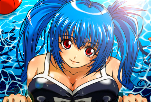 bad_id bad_pixiv_id black_school_swimsuit blue_hair breast_press breasts large_breasts name_tag one-piece_swimsuit original red_eyes school_swimsuit smile solo swimsuit twintails wankoro_mochi water