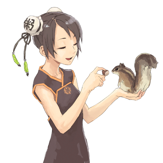 animal black_hair bun_cover chestnut china_dress chinese_clothes closed_eyes double_bun dress feeding flat_chest holding jiyu2 original short_hair smile solo squirrel