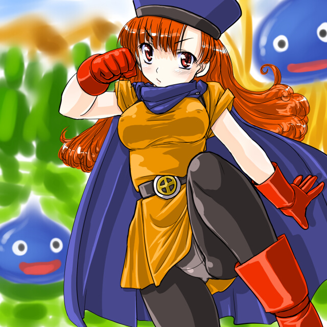:/ :d alena_(dq4) ass_visible_through_thighs bangs belt belt_buckle black_eyes black_legwear blue_cape blue_skin blush boots breasts buckle cape clenched_hand closed_mouth covered_nipples curly_hair dd_(ijigendd) dragon_quest dragon_quest_iv dress fighting_stance gloves grass hand_up hat hoimi_slime large_breasts leg_lift leg_up long_hair looking_at_viewer monster o_o open_mouth orange_dress orange_hair outdoors panties panties_under_pantyhose pantyhose pantyshot parted_bangs red_eyes red_footwear red_gloves serious short_dress short_sleeves slime_(dragon_quest) smile taut_clothes tentacles tree underwear v-shaped_eyebrows white_panties