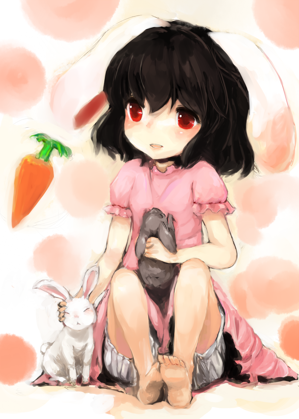 animal animal_ears animal_hug bad_id bad_pixiv_id barefoot black_hair bloomers bunny bunny_ears carrot feet highres inaba_tewi maccha_cocoa_(mococo) open_mouth petting pink_hair red_eyes short_hair sitting soles solo_focus toes touhou underwear