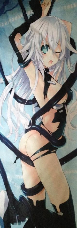 1girl ass bdsm black_heart bondage bound breasts choujigen_game_neptune cleavage clothing_damage compile_heart green_eyes idea_factory long_image neptune_(series) noire nude official_art photo solo tall_image tears tentacle white_hair