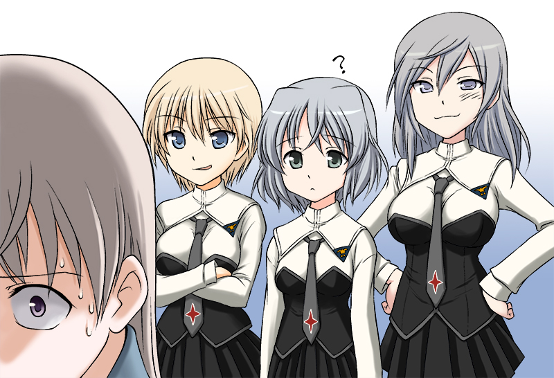 ? aurora_e_juutilainen blonde_hair blue_eyes brave_witches breasts cosplay crossed_arms eila_ilmatar_juutilainen green_eyes grey_eyes hands_on_hips large_breasts medium_breasts mirutsu_(milts) multiple_girls necktie nikka_edvardine_katajainen purple_eyes sanya_v_litvyak sanya_v_litvyak_(cosplay) siblings silver_hair sisters smile strike_witches sweat world_witches_series