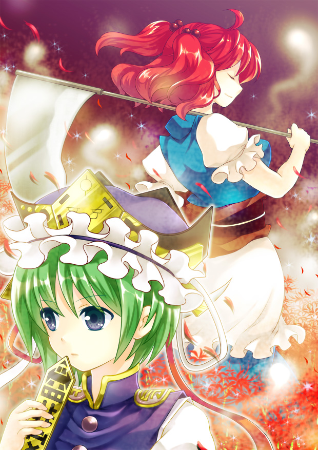 ahoge arm_up blue_eyes breasts buttons closed_eyes ears flower fuusha green_hair hair_bobbles hair_ornament hat hat_ribbon hitodama holding light_particles light_smile lips looking_away medium_breasts multiple_girls onozuka_komachi portrait profile puffy_sleeves purple_background red_hair ribbon rod_of_remorse sash scythe shiki_eiki short_hair short_sleeves skirt spider_lily touhou two_side_up vest wind