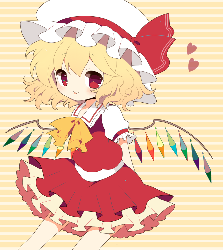 alternate_hairstyle arms_behind_back bad_id bad_pixiv_id blonde_hair bow flandre_scarlet haru_(kyou) hat hat_ribbon heart red_eyes ribbon shirt short_hair skirt skirt_set smile solo tongue tongue_out touhou wings