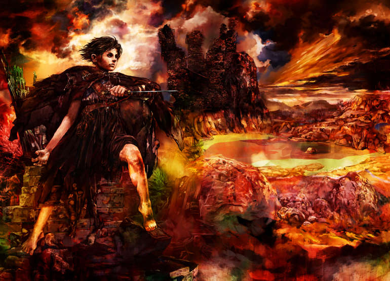 a_song_of_ice_and_fire arya_stark barefoot brown_hair cape cover cover_page dagger dirty_feet meguro_noriko messy_hair official_art rags short_hair solo weapon