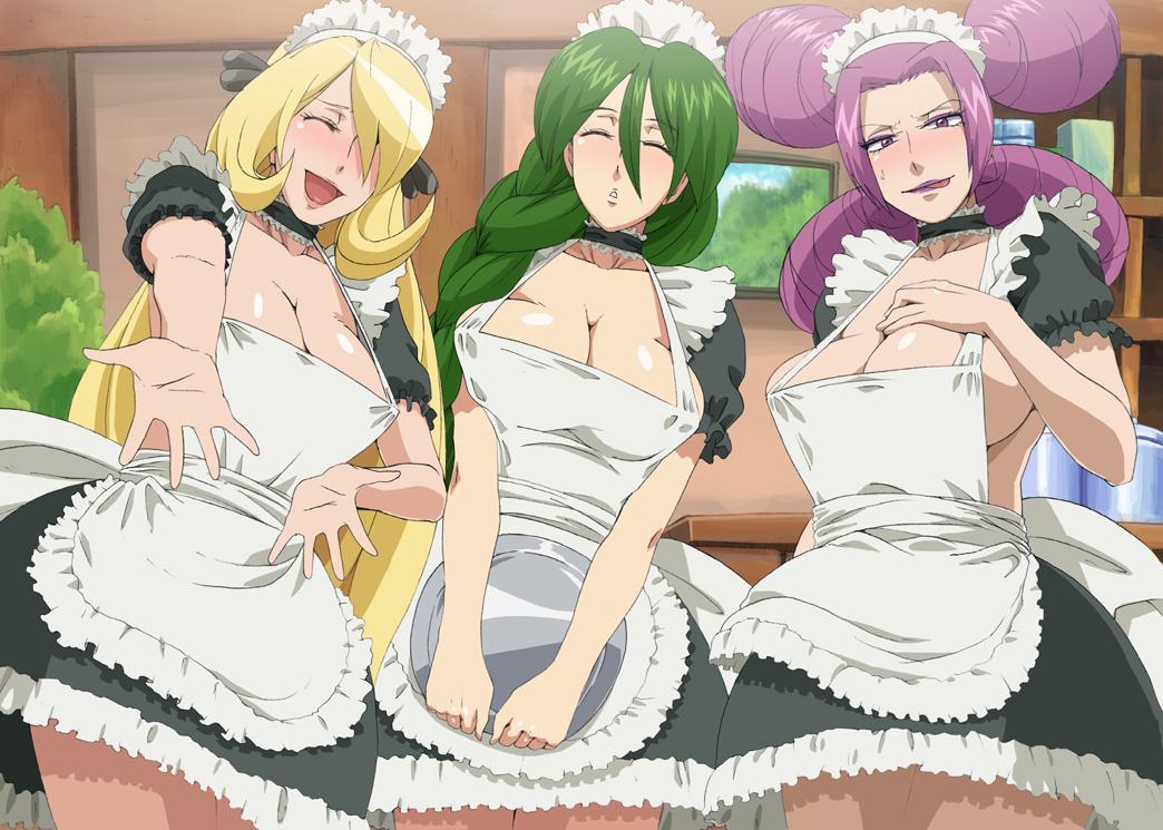 blonde_hair blush green_hair headdress huge_breasts maid_uniform melissa_(pokemon) momi_(pokemon) pokemon purple_hair shirona_(pokemon)