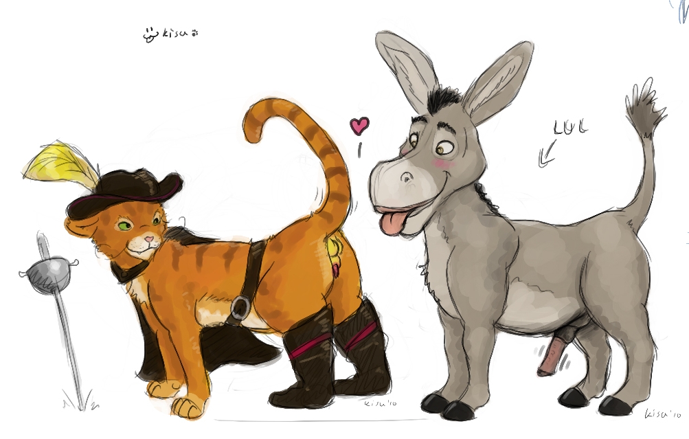 &hearts; &lt;3 balls belt blush boots cape cat chiro chiropteradaemonicus donkey donkey_(character) donkey_(shrek) dreamworks equine erection feline gay hat kisu kisu_(artist) male mammal p3ntavus penis puss_in_boots wuffe