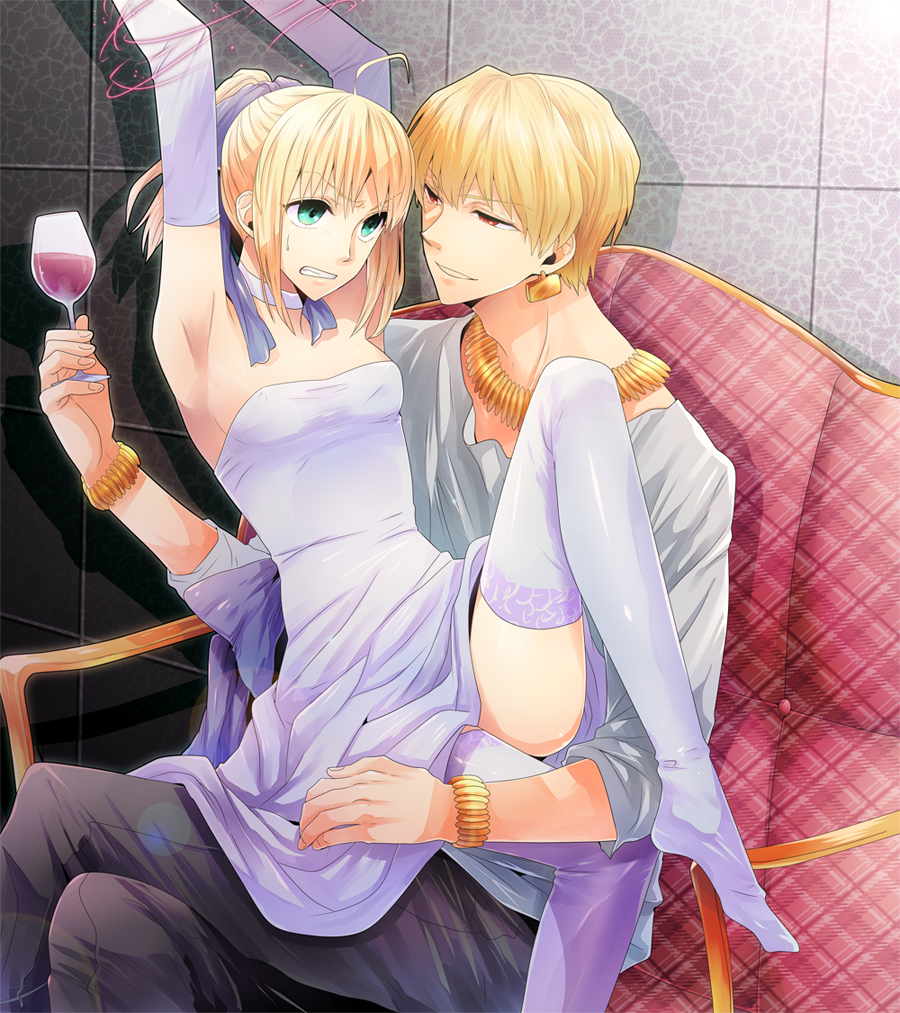 1girl ahoge alcohol armpits artoria_pendragon_(all) bad_id bad_pixiv_id bare_shoulders blonde_hair bound bracelet cup dress drinking_glass earrings elbow_gloves fate/stay_night fate/zero fate_(series) gilgamesh gloves green_eyes hair_ribbon irono_(irtyu) jewelry leg_up legs necklace red_eyes ribbon saber thighhighs thighs tied_up white_legwear wine wine_glass
