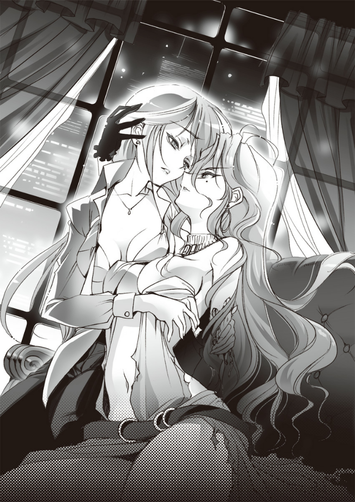 2girls bra breasts choco cleavage collarbone dress dress_shirt earrings eye_contact floating_hair gloves greyscale imminent_kiss indoors infinite_stratos jewelry long_hair long_sleeves looking_at_another medium_breasts mole mole_under_eye monochrome multiple_girls navel necklace night novel_illustration official_art open_clothes open_shirt parted_lips shirt torn_clothes torn_dress underwear very_long_hair window yuri