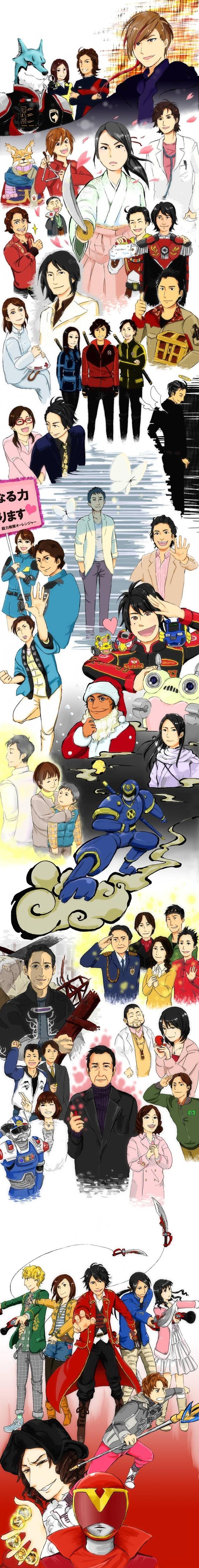 absurdres ahim_de_famille basco_ta_jolokia captain_marvelous character_request choujin_sentai_jetman degenki_sentai_changeman don_dogoier engine_sentai_go-onger epic go-go_sentai_boukenger highres hikari_sentai_maskman himitsu_sentai_goranger ikari_gai joe_gibken juuken_sentai_gekiranger kaizoku_sentai_gokaiger luka_millfy mahou_sentai_magiranger super_sentai tayou_sentai_sunvulcan tensou_sentai_goseiger tribute