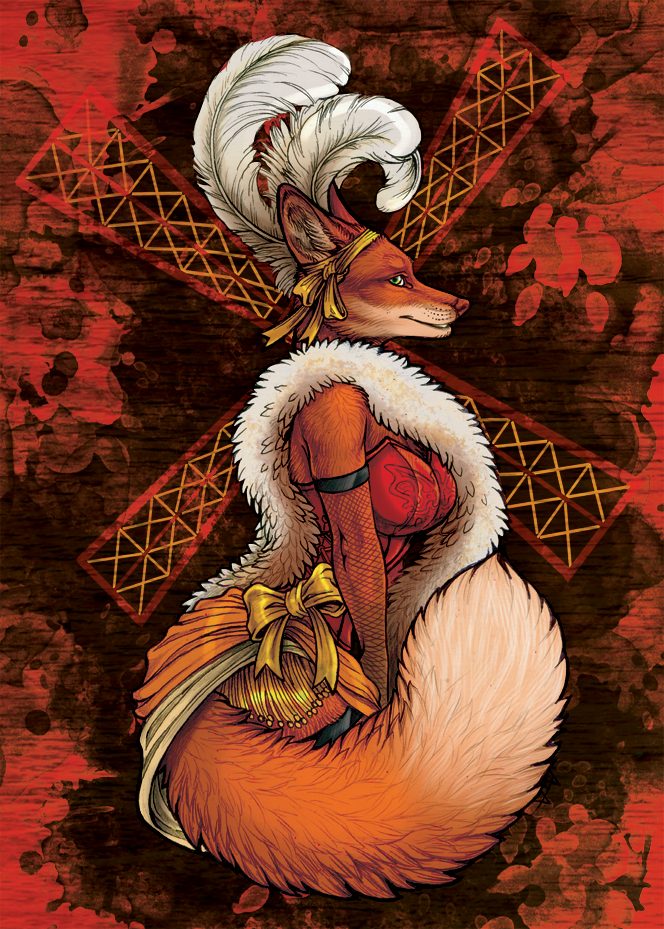 arm_warmers bow breasts bun canine clothing corset elbow_gloves feathers female fishnet fluffy_tail fox fur_trim gloves green_eyes hair_ribbon headband lacing looking_at_viewer mammal orange_theme profile ribbons rukis side_view smile solo teddy