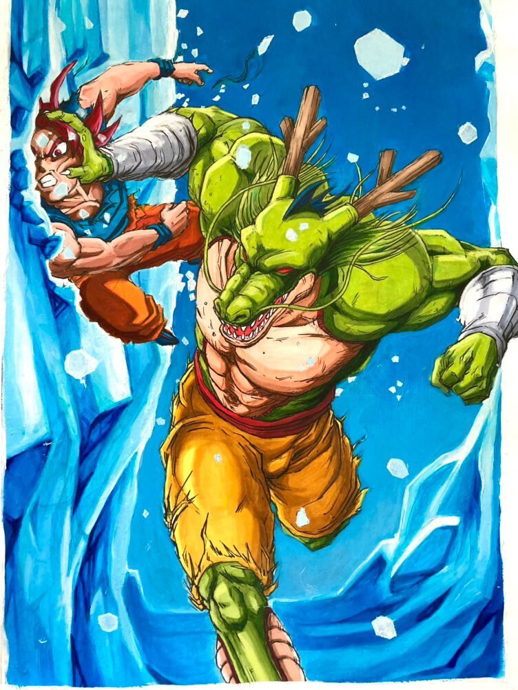 anthro asian_mythology clothed clothing dragon dragon_ball dragon_ball_super duo east_asian_mythology eastern_dragon fight goku male mythology navel pecs red_eyes saiyan scalie shenron shenron.inc super_saiyan_god super_saiyan_rose topless violence