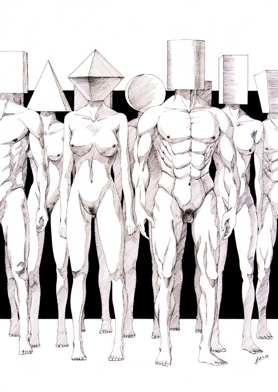 4boys abs arms_at_sides barefoot breasts circle collarbone cube cylinder facing_viewer flaccid geometric_solid greyscale hatching_(texture) ishida_hiroyasu lineup little_penis medium_breasts monochrome multiple_boys multiple_girls muscle navel nude object_head octahedron original pectorals penis personification pubic_hair pyramid_(geometry) pyramidal_frustum shapes signature square standing surreal testicles triangle uncensored what