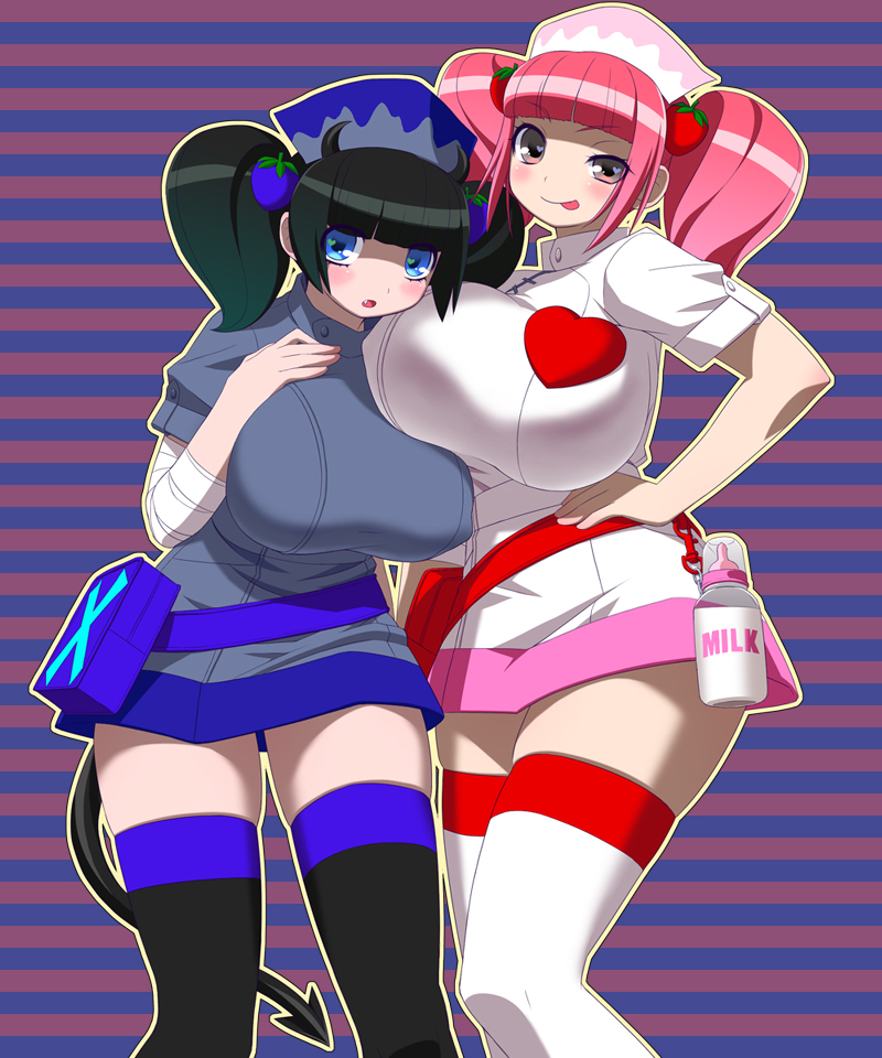2girls :p alternate_color bag black_hair black_legwear blue_eyes blush breasts demon_tail devil_tail dual_persona erect_nipples fang food fruit hair_ornament hat horns huge_breasts long_hair milk milk_(pop'n_music) milk_(pop'n_music) multiple_girls nurse nurse_cap pink_hair pop'n_music pop'n_music red_eyes short_twintails strawberry tail thighhighs tongue tongue_out twintails umi_no_tarako umi_no_tarakohuge_breasts white_legwear