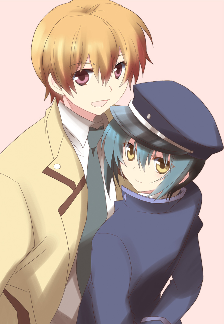 amano angel_beats! brown_eyes brown_hair green_hair hat male_focus multiple_boys naoi_ayato otonashi_(angel_beats!) school_uniform shinda_sekai_sensen_uniform yellow_eyes