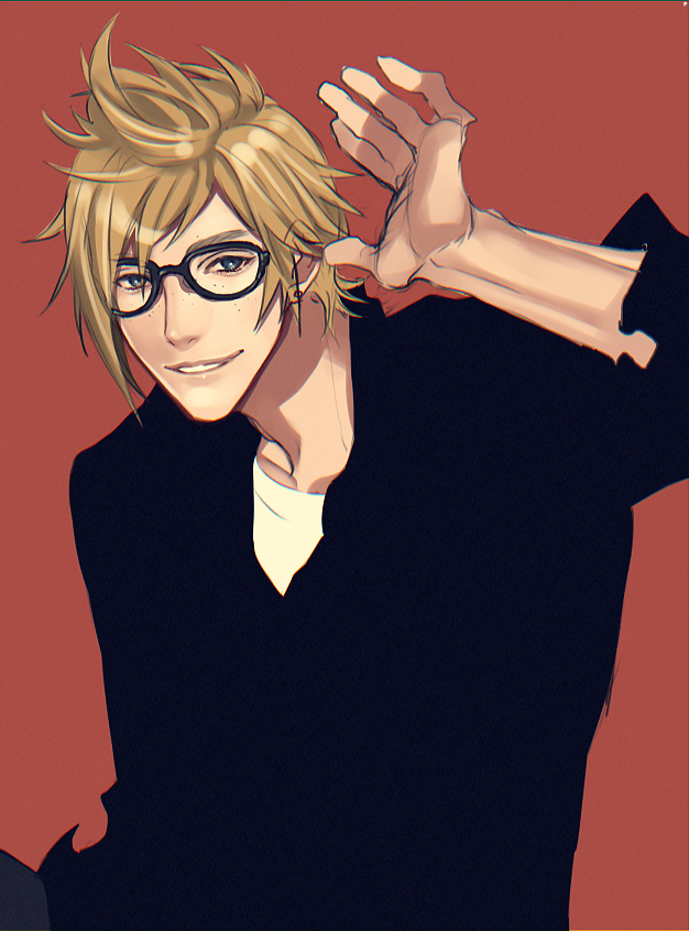 1boy bespectacled black_clothes blonde_hair final_fantasy final_fantasy_xv glasses looking_at_viewer mad369 male_focus prompto_argentum simple_background smile spiked_hair waving