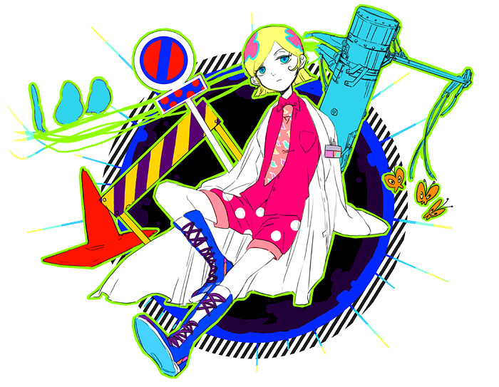 animal aqua_eyes arm_support bad_id bad_pixiv_id bird blonde_hair blue_footwear boots bug butterfly child cross-laced_footwear flower hosaka_dx id_card insect irabu_ichirou kuuchuu_buranko labcoat male_focus necktie outline oversized_clothes pink_shirt polka_dot shirt shorts sign silhouette sitting solo telephone_pole traffic_cone white_skin