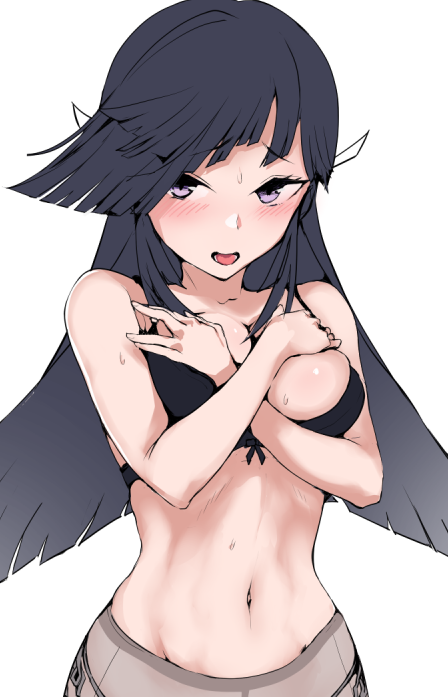 1girl black_bra black_hair bra breasts commentary_request covering covering_breasts cowboy_shot gradient_hair hair_over_one_eye hayashimo_(kantai_collection) hime_cut kantai_collection long_hair looking_at_viewer medium_breasts multicolored_hair navel open_mouth panties pantyhose side-tie_panties simple_background solo underwear very_long_hair white_background yukiguni_yuu