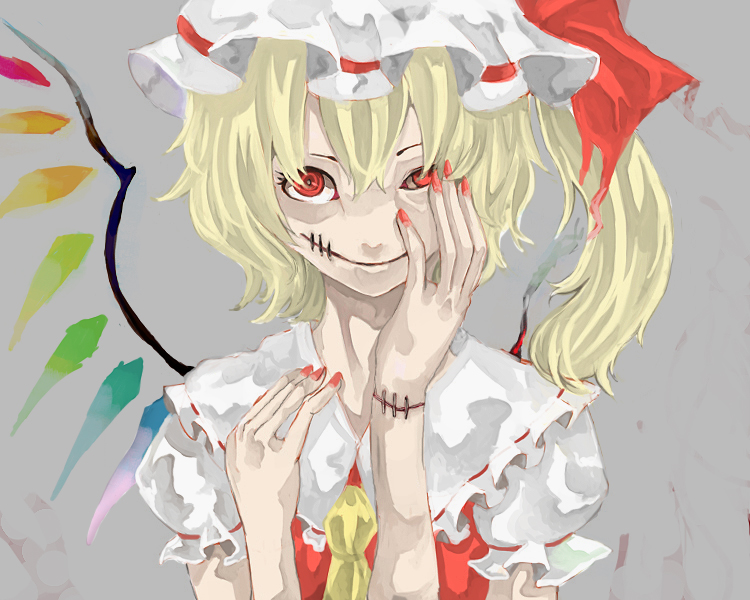 bad_id bad_pixiv_id blonde_hair crystal dress flandre_scarlet frea glasgow_smile grey_background hand_on_own_face hat horror_(theme) red_eyes side_ponytail single_wing smile solo stitches touhou wings