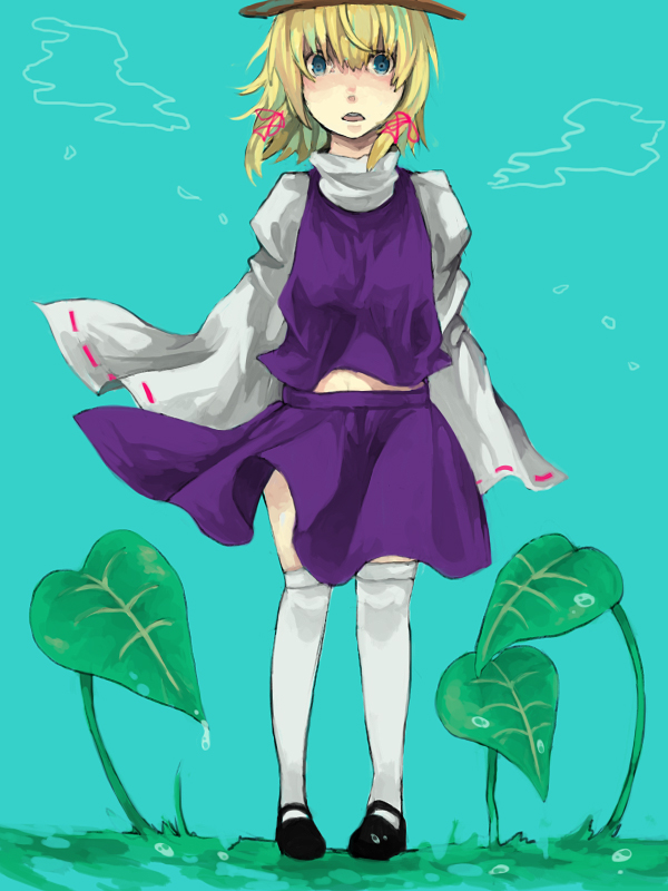 aqua_background bad_id bad_pixiv_id blonde_hair blue_eyes frea hat leaf moriya_suwako simple_background skirt sleeves_past_wrists solo standing thighhighs touhou water