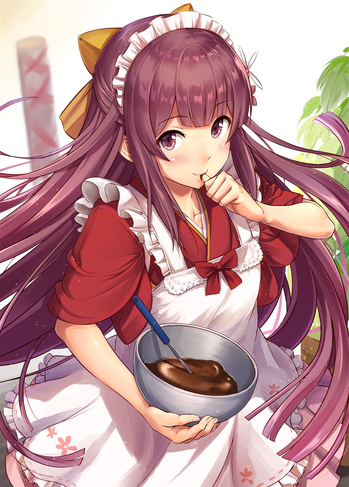 1girl :d alternate_costume apron bangs blurry blurry_background blush bow bowl chocolate closed_mouth collarbone eyebrows_visible_through_hair floating_hair hair_bow headdress highres holding holding_bowl ichikawa_feesu japanese_clothes kamikaze_(kantai_collection) kantai_collection kimono light_particles long_hair looking_at_viewer maid_apron maid_headdress open_mouth pink_skirt purple_eyes purple_hair red_kimono ribbon sidelocks skirt sleeves_rolled_up smile solo thumb_to_mouth very_long_hair whisk white_background yellow_bow yellow_ribbon